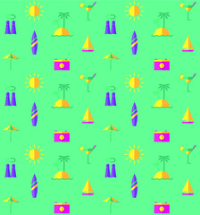 Vector background pattern with travel and vacation icons on green. 