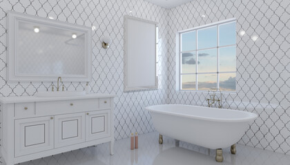 Fototapeta na wymiar Scandinavian bathroom, classic vintage interior design. 3D rendering.. Empty paintings