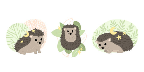 Set of cute hedgehogs. Forest animals. Flat vector cartoon illustration