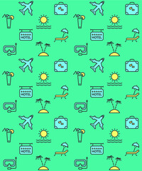 Vector background pattern with travel and vacation icons on green. 