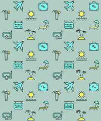 Fototapeta premium Vector background pattern with travel and vacation icons on grey. 