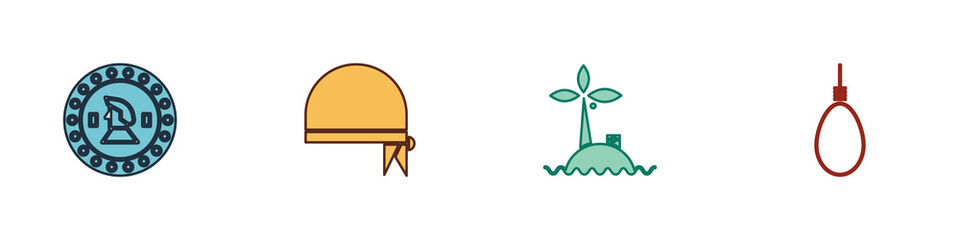 Set Pirate coin, bandana for head, Tropical island ocean and Gallows rope loop hanging icon. Vector.