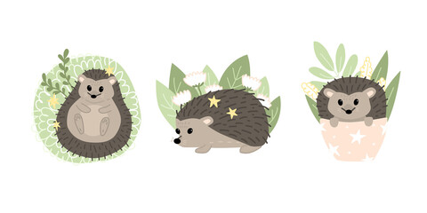 Set of cute hedgehogs. Forest animals. Flat vector cartoon illustration