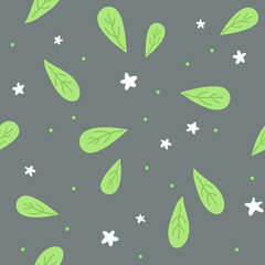 Seamless pattern with leaves. artoon kids style. Black background. Great for fabric, textile. Vector Illustration