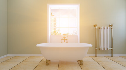 Naklejka na ściany i meble Modern bathroom with large window. Sunset. Empty picture. 3D rendering.