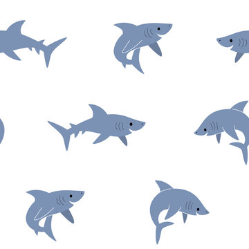 Simple seamless trendy pattern with shark. Flat design print on white background.