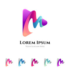 Fototapeta premium Letter M media play logo concept with multiple gradient color