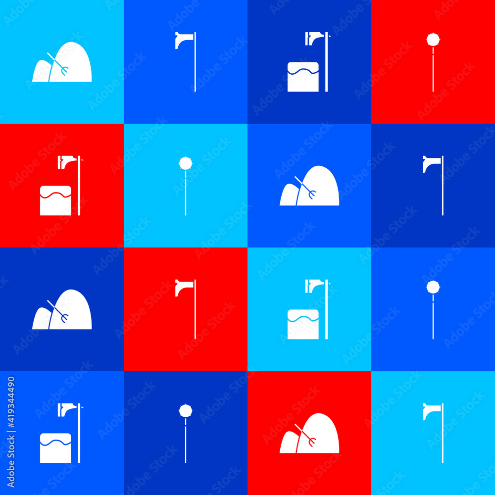 Poster set bale of hay and rake, medieval axe, executioner in tree block and chained mace ball icon. vector