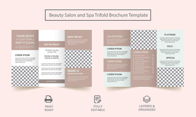 Beauty Spa Salon Trifold Brochure Template. Tri-fold, brochure, flyer. Editable A4 format. Trifold Spa Salon Flyer Template.