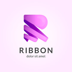 Letter R logo template with 3d ribbon shape gradient purple color