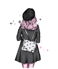 Girl in a stylish coat, beret and with a backpack. Vector illustration.