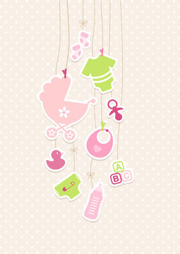 Karte Babysymbole Mädchen Pink Grün Punkte Beige