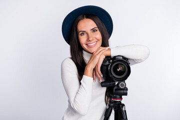 Photo of charming pretty young woman wear casual outfit recording professional video isolated white color background