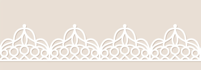 Paper lace frame with seamless horizontal decorative border on beige background. Vector illustration.