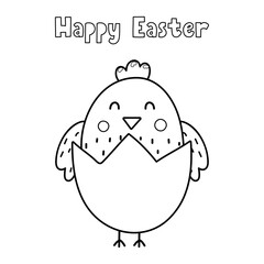 Happy Easter coloring page with cute chick ion eggshell. Black and white greeting card and activity page for kids. Springtime outline worksheet for school and preschool. Vector illustration