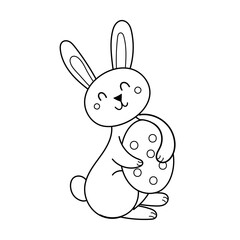 Cute Easter bunny with egg coloring page. Spring black and white print for coloring book. Funny rabbit background. Vector illustration