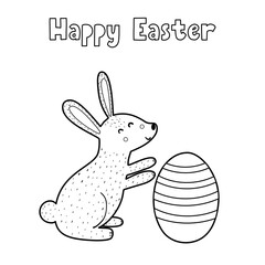 Happy Easter coloring page with cute bunny and egg. Black and white activity page for kids. Springtime outline worksheet for school and preschool. Vector illustration