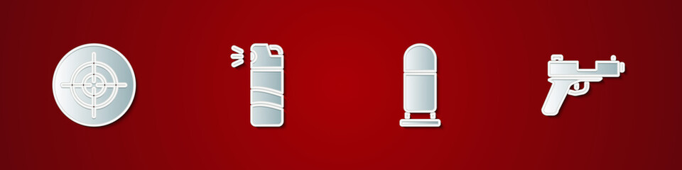 Set Target sport, Pepper spray, Bullet and Pistol gun icon. Vector.