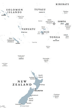 New Zealand and southern Polynesia, gray political map with capitals. Solomon Islands, Vanuatu, Fiji, Tonga, Samoa and New Caledonia. Islands in the South Pacific Ocean. English. Illustration. Vector.