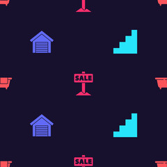 Set Staircase, Garage, Hanging sign with Sale and Bathtub on seamless pattern. Vector.