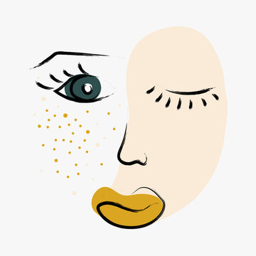 Modern abstract girl face. Line drawing style and three trending colors 2021. For printing on pillows, T-shirts, framed paintings, brochures, business cards in beauty salons. 