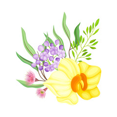 Yellow Orchid Bloom with Labellum and Floral Branches Vector Illustration