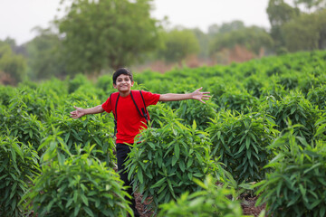 Cute indian child with sack bag at agriculture field