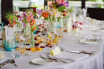 Table decoration in restaurant at the wedding