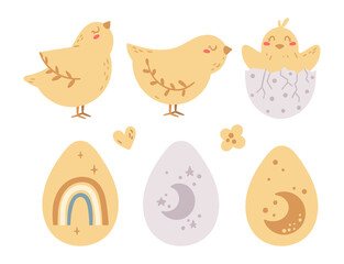 Pastel Easter kids clipart set, boho Easter chickens and eggs, cute baby birds isolated elements on white, cartoon vector illustration