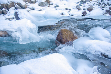 Landscape of a winter river in the mountains with ice