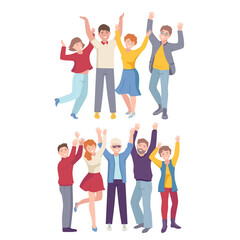Group of Joyful People Characters Up with Hands Cheering About Something Vector Illustration Set