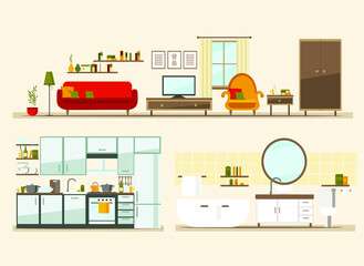set with interiors, bathroom, living room and bedroom, flat vector illustration of rooms with furniture