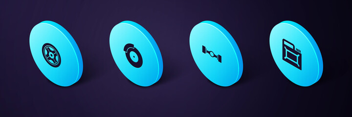 Set Isometric Canister for motor oil, Chassis car, Car brake disk with caliper and wheel icon. Vector.