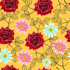 Seamless pattern with red roses on yellow background. For textile, paper, wrapping paper, packaging, wallpaper. Vector template.