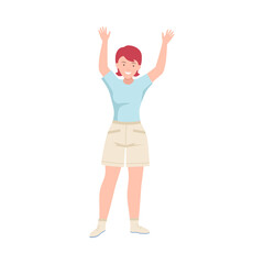 Joyful Woman Up with Hands Cheering About Something Vector Illustration