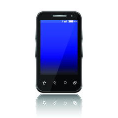Smartphone Mockup Design Vector. Black Modern Trendy Mobile Phone With Blue Screen Front View. Isolated On White Background