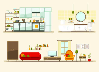 set with interiors, bathroom, living room and bedroom, flat vector illustration of rooms with furniture