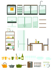 kitchen and utensils furniture set, vector flat illustration	