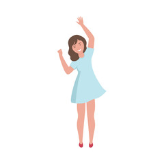 Excited Woman with Dark Hair Standing Up with Hands Cheering About Something Vector Illustration