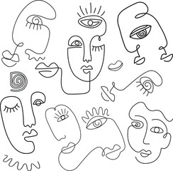 Pattern abstract faces vector illustration. Minimalistic art. Black and white. White background. One line drawing.