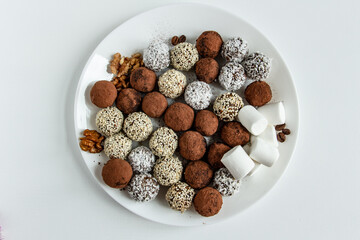 truffles with cocoa, coconut and sesame seeds with chocolate and marshmallows, delicious dessert on a white background