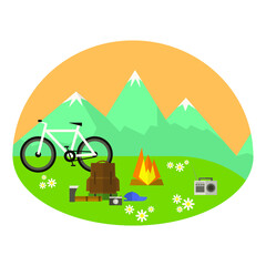 Vector illustration of camping and active leisure on white background. Camping, hike, trekking and crusade by the mountains.