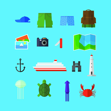 Vector illustration of travel, vacation, camping and active leisure icons set on blue background.