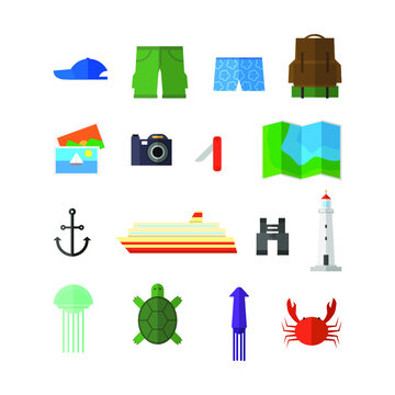 Vector illustration of travel, vacation, camping and active leisure icons set on white background.