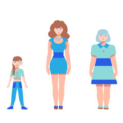 Three ages of a woman. Feminine characters are a girl, a woman, an old woman. Stages of growing up: childhood, youth, old age. Vector illustration of characters in a flat cartoon style.