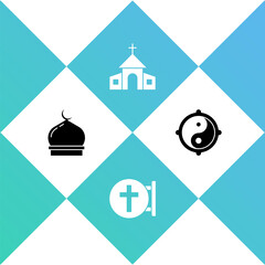 Set Muslim Mosque, Christian cross, Church building and Yin Yang icon. Vector.