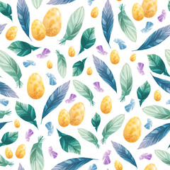 Watercolor seamless pattern with blue feathers and yellow bird eggs. Illustration on a white background drawn by hand. Spring Easter theme.
