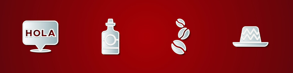 Set Hola, Tequila bottle, Coffee beans and Mexican sombrero icon. Vector. © vector_v