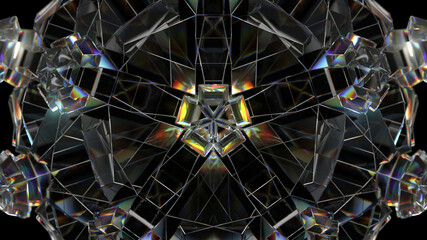 Glass kaleidoscope design. Dispersion fractal, black background.