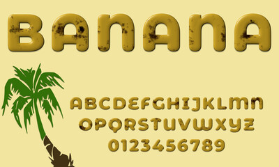 Alphabet letter set and numbers in style of overripe banana, bold typeface, fruit abc, 3D rendering, creative uppercase font design for ecological, natural, organic